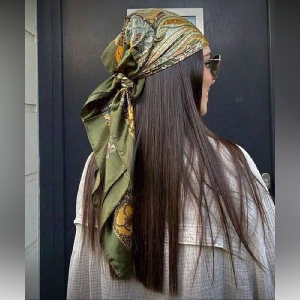 Boho Green Floral Paisley Silk Headscarf